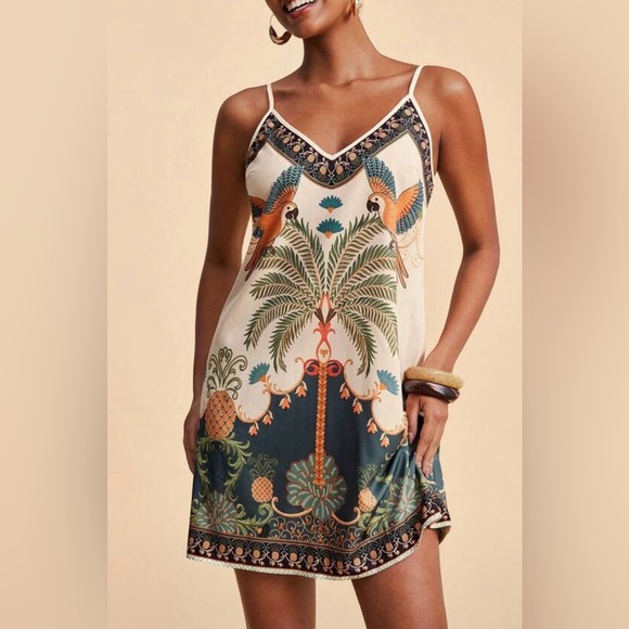 Dresses & Skirts - Lightweight Tropical Parrot/ Palm Tree Print Slip Dress - Cream & Teal Size XL